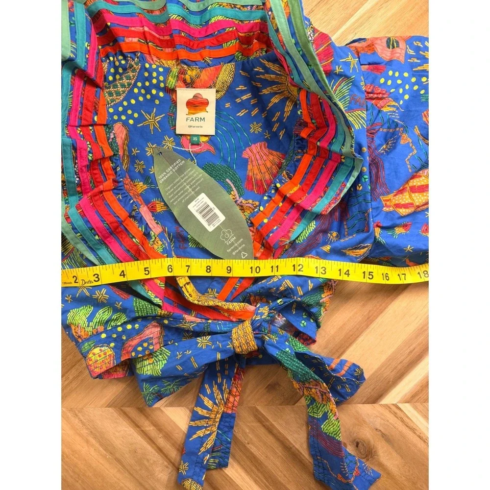 FARM Rio Ocean Blouse XS‎ Blue Multicolor Embroidered Puff Sleeve Wrap Crop Boho